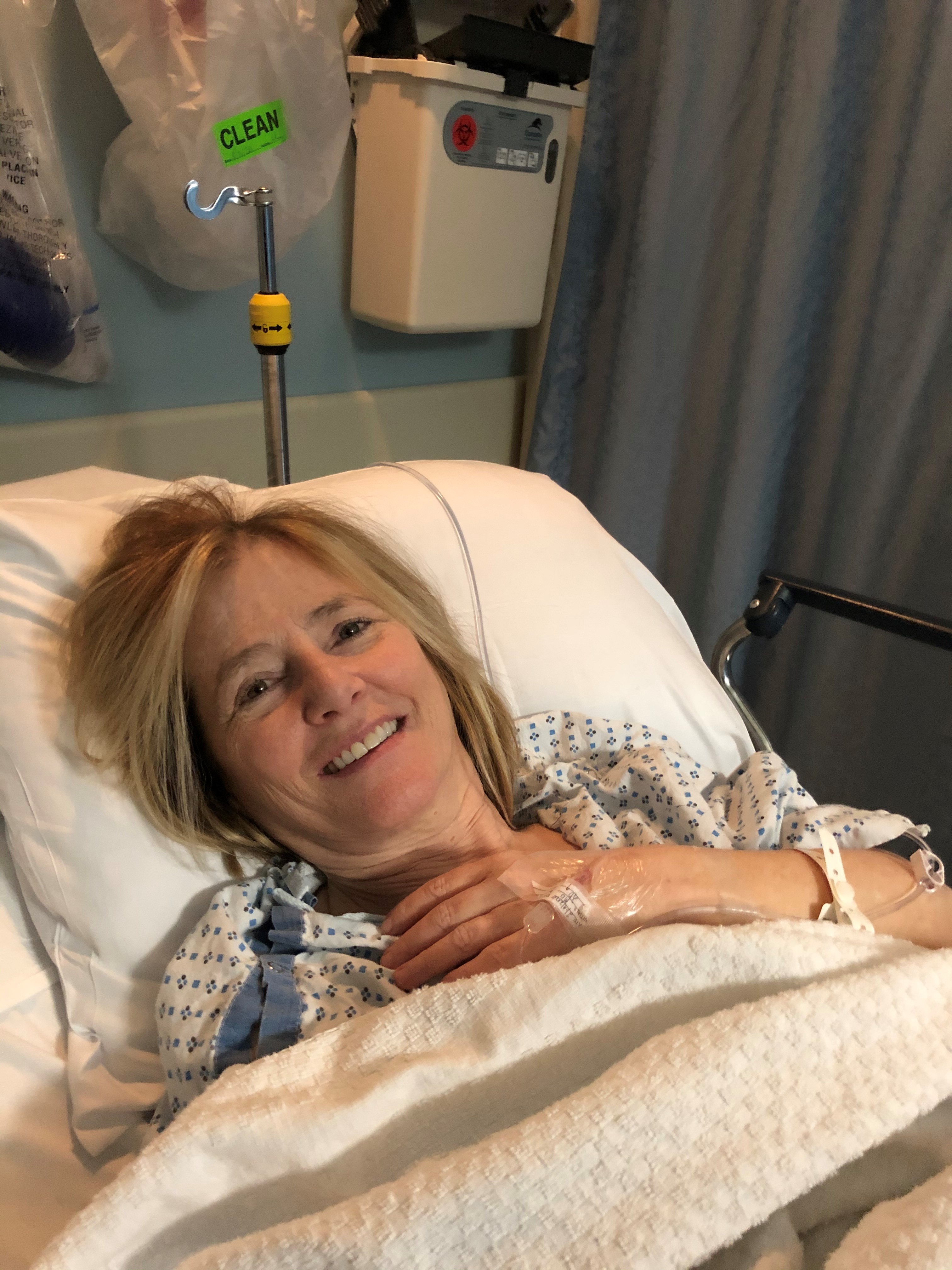 Brenda Collins recovers after her first spray cryotherapy treatment at Vassar Brothers Medical Center. Brenda said, “I was SO happy to be able to breathe again!”