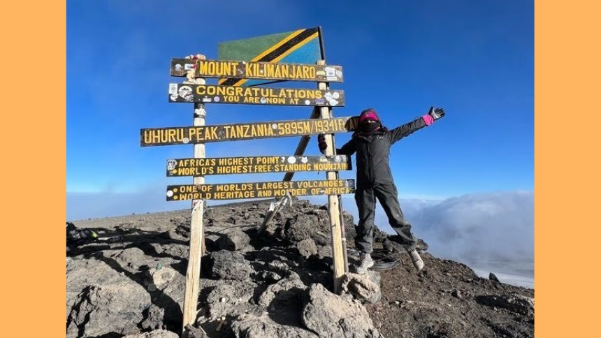 Carolina Herrera, Norwalk Hospital spinal fusion patient, at the top of Mt. Kilimanjaro in July 2023.