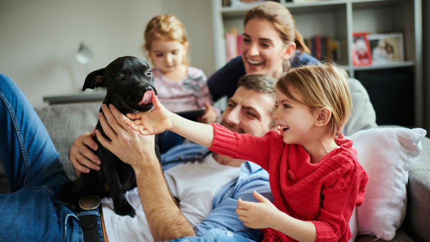 Young family is sitting on the couch playing with a puppy.