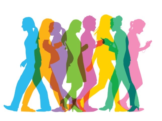 Colorful silhouettes of women walking, women have higher risk for stroke