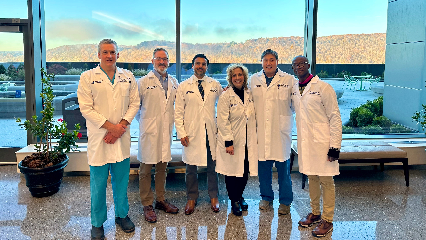 Members of the rectal cancer care team at Vassar Brothers Medical Center. (Left to Right) James Nitzkorski, MD, Surgical Oncology; David Quinn, MD, Pathology; Pranat Kumar, MD, Colorectal Surgery; Julia Halligan, RN OCN, Cancer Institute Accreditation Specialist; John Choi, MD, General and Colorectal Surgery; Ryan McKnight, MD, Pathology Credit: Nuvance Health