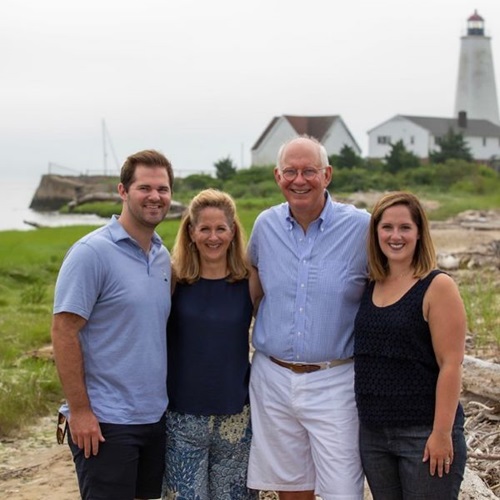 Mike Foster with his wife and adult son and daughter outside, Old Saybrook, Connecticut, May 2020 