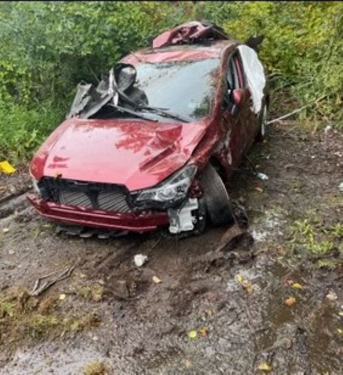 The car after the accident on September 30, 2023. Danbury Hospital spine surgery patient Samuel Neelands’ car after the accident. It is crushed and on its side.