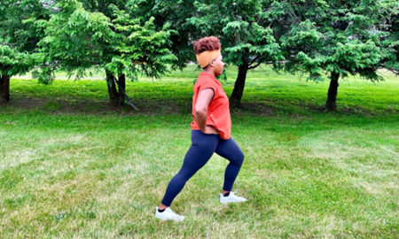 Woman doing a calf stretch.