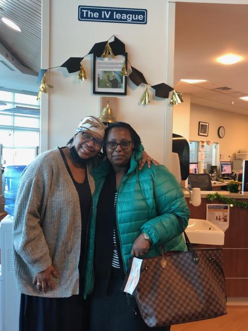Leonie Roberts and her Sister Jackie DeBourgh Ringing Chemotherapy Bell
