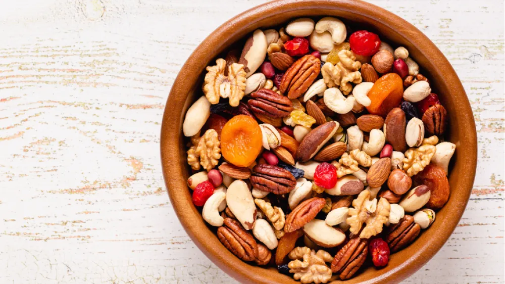 Hero Healthy Snack of Nuts and Dried Fruit top view